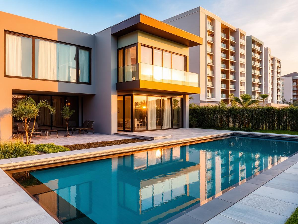 Fachada de casa moderna com piscina ao entardecer — imagem ilustrativa