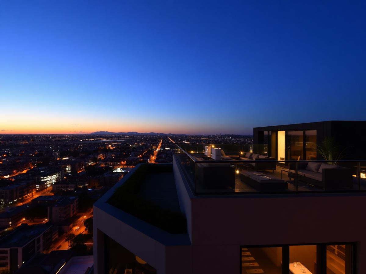 Terraço de cobertura ao anoitecer com vista para a cidade — imagem ilustrativa